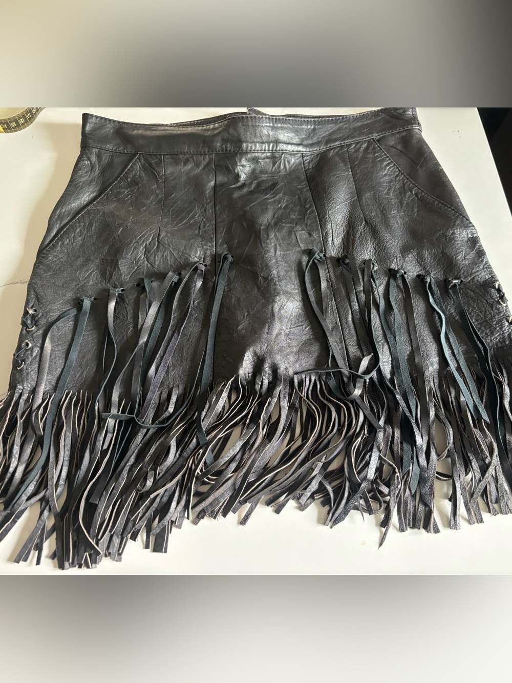 Vintage Black Fringe Leather Mini Skirt